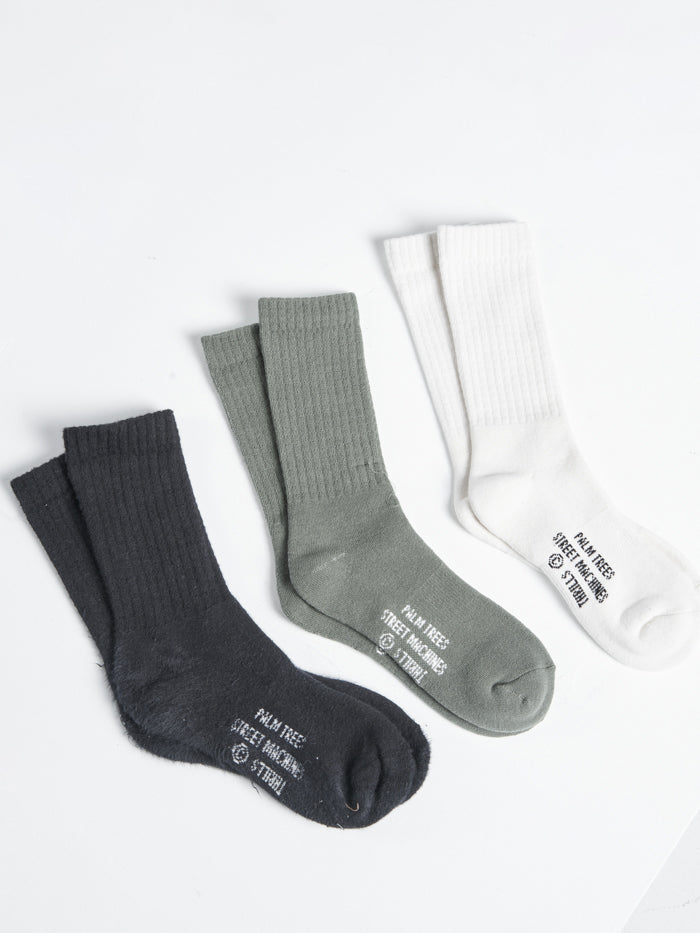 Thrills Waffle 3 Pack Socks - Heritage White - Washed Black - Army Green