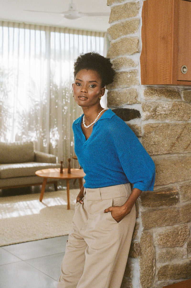 Linen Knitted Oversized Polo - Cerulean Blue