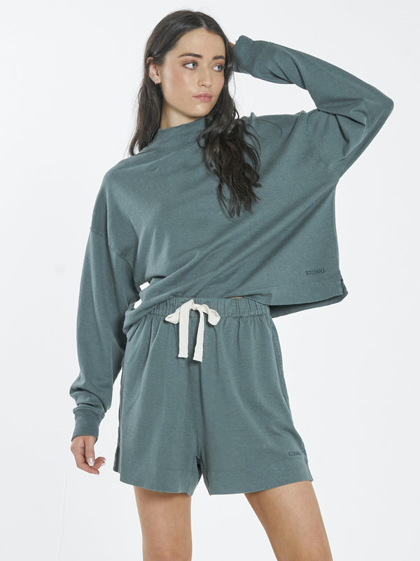 Hemp Mock Neck Long Sleeve Tee - Vintage Teal