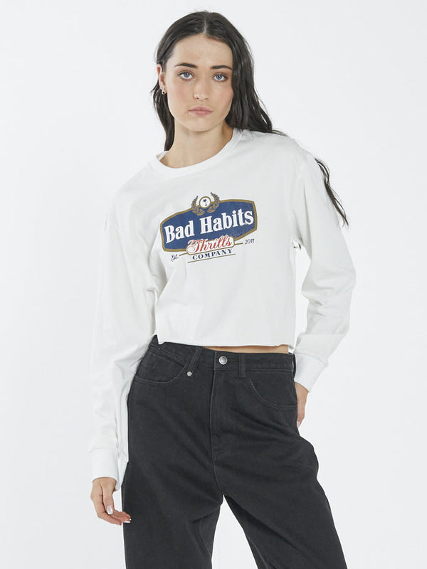 Bad Habits LS Merch Super Crop Tee - Dirty White