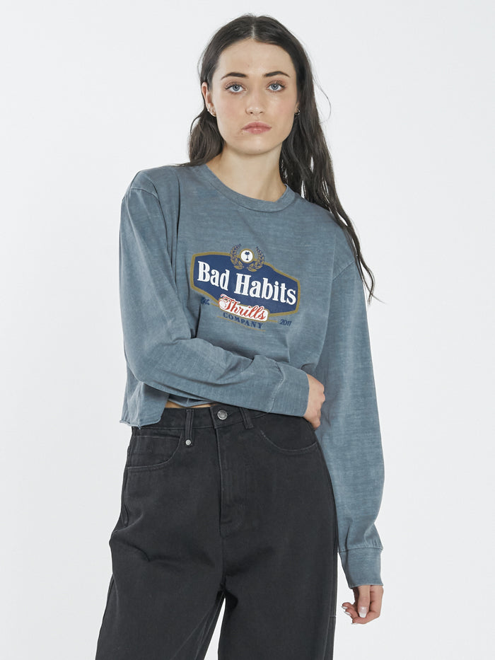 Bad Habits LS Merch Super Crop Tee - Airforce Blue