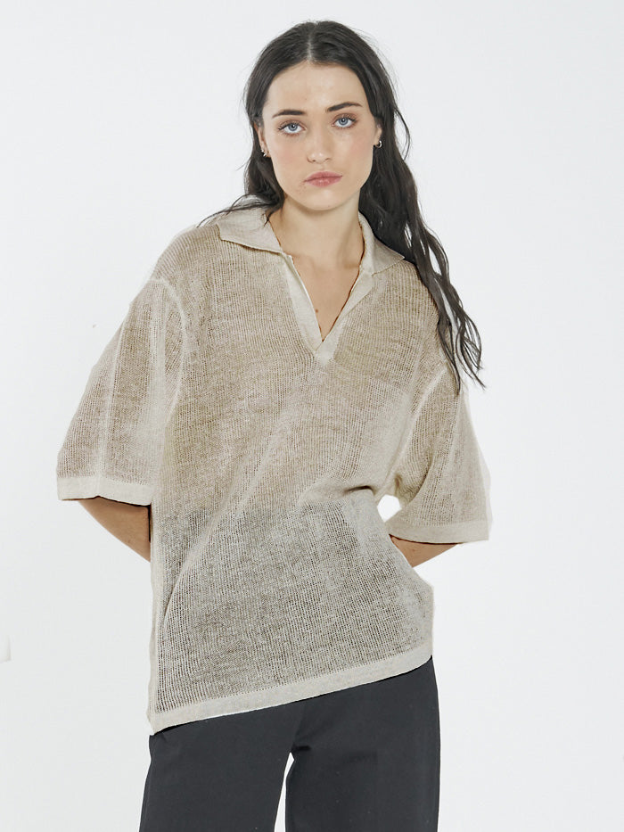 Linen Knitted Oversized Polo - Unbleached