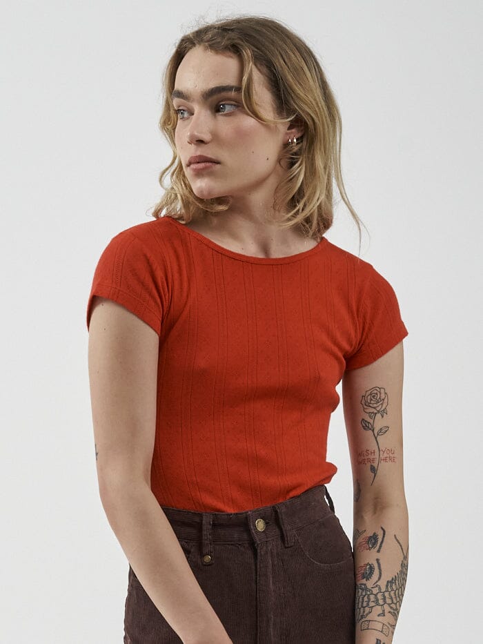 Pointelle Cap Sleeve Tee - Tomato Red