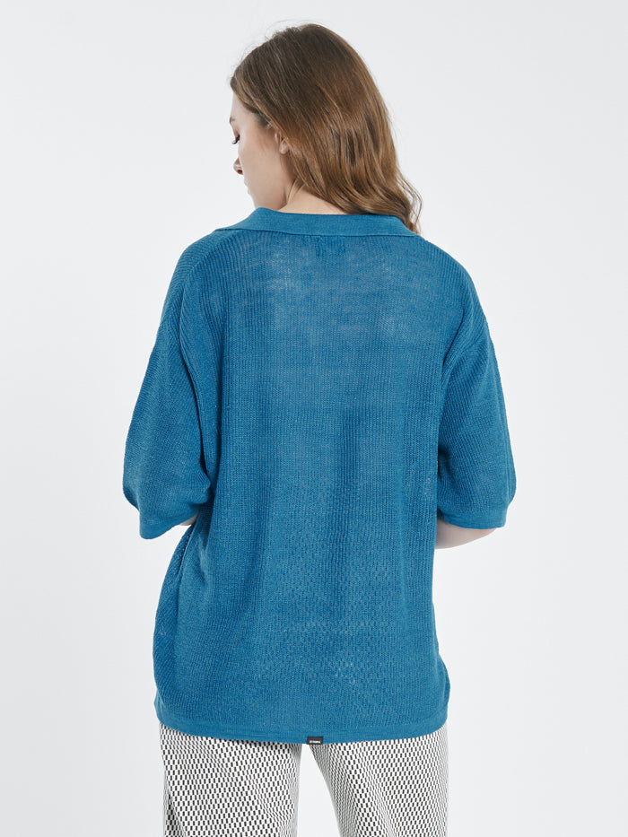 Linen Knitted Oversized Polo - Cerulean Blue