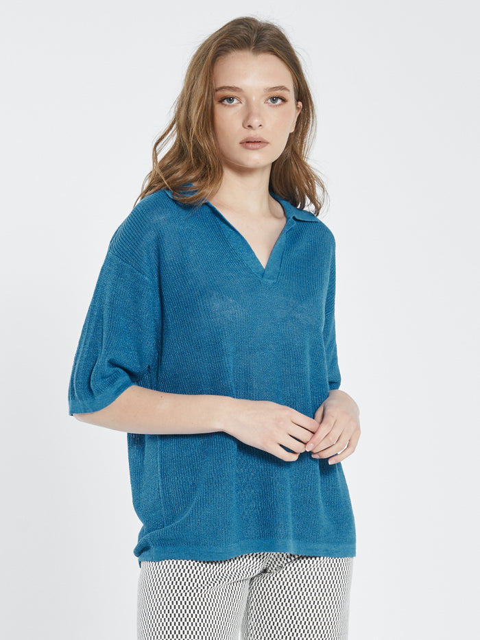 Linen Knitted Oversized Polo - Cerulean Blue